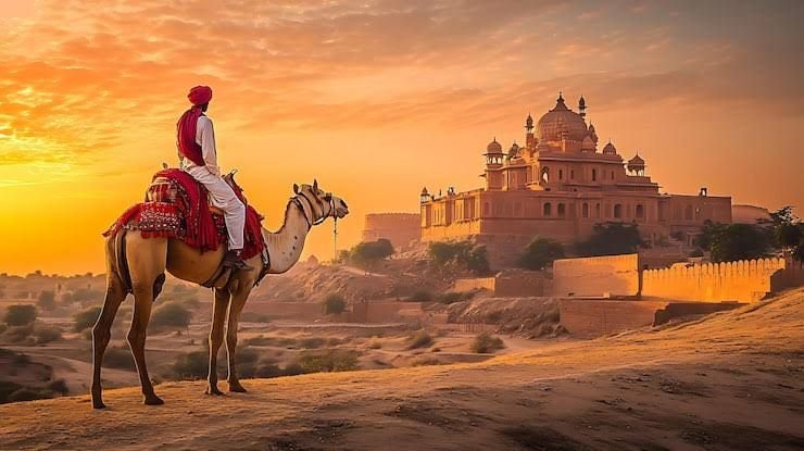 Camel rider at a Rajasthan palace at sunset